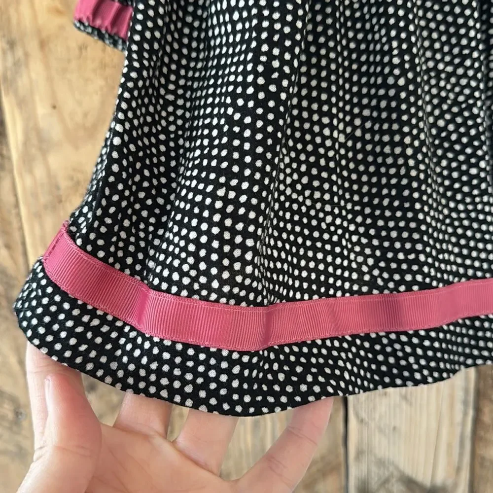 Hanna Andersson Girls Black Polka Dot Dress with Pink Ribbon Trim And Bow Size 4